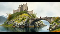 The image is a painting of a medieval castle on a hill overlooking a river. The castle is made of stone and has multiple towers and turrets. It is perched on a rocky cliff overlooking the river, with a stone bridge crossing over it. The bridge has arches and arches, and there are several people on it, one of whom is holding a boat. The river below is calm and the sky is overcast. The painting is done in a realistic style, with loose brushstrokes and vibrant colors. The overall mood of the image