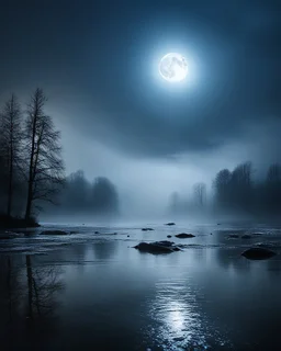 By Sergiо. Style by Greg Rudkowski. Thick white milky dense fog on Flood a full moon