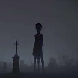 mysterious black kid at a cemetery near a cross and surrounded by almost unseen spirits at night