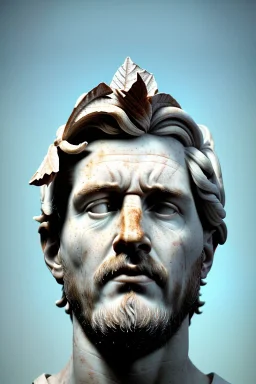 Ultra Realistic image, classical renaissance sculpture, white marble material, Lionel Messi god, Laurel leaves crown, miguel angel style, chisel style, emperor, waist up portrait, epic, celestial, cinematic lighting, God light, god rays, 4k resolution, smooth details, ornate details, soft lighting, unreal engine 5, sky background.