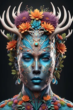 3D rendering of Expressively detailed and intricate of a hyperrealistic “human head”: front view, colorful, antler, tribalism, detailed with flowers, shamanism, cosmic fractals, dystopian, octane render, 8k post-production, dendritic, artstation: award-winning: professional portrait: atmospheric: commanding: fantastical: clarity: 16k: ultra quality: striking: brilliance: stunning colors: amazing depth
