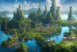 looking out over a lake, in an alien forest, with tall cloud trees, flying Portuguese men of war with octopus tentacles A skinny woman with a Cleopatra hairstyle, short skirt, and knee-high boots, looking out over a lake, in an alien forest, with tall cloud trees, flying mushrooms with octopus tentacles