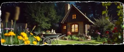 darkest gnome house in house in wheelbarrow in bright garden , pinhole cam, airbrush 3d rendering, in the style of John Atkinson Grimshaw , torn edges on border