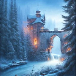 fantasy art, book illustration, close up on big wolf wizard,the stairs of a bridge or dam ,icy water, on the bridge,seen from the tree tops