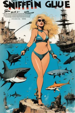 SNIFFIN’ GLUE magazine high res photo cover by Ralph Steadman: special issue #42 on fishing sharks in the sunken city guest star: Barbarella in two pieces swimsuit as an adventurer fishing sharks underwater in a post apocalyptic city