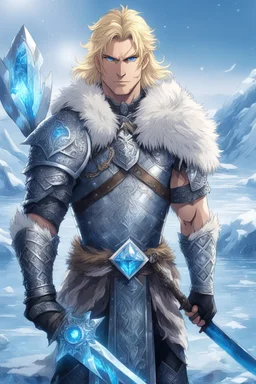 1 anime man. warrior, with blue eyes and blonde hair man in silver Viking armor with fur around the neck with blue crystal on his chest, standing in water in the artic, holding a ice axe, warrior in, anime style