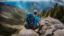 photo from a man falls down from a mountain with a backpack into the abyss, detalied, Professional photography, natural lighting, canon lens, shot on dslr 64 megapixels ,sharp focus