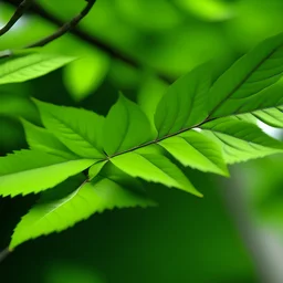 A tree branch with several green leaves on it