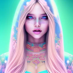 beautiful, soft, big smile face, whole head, long straight blonde hair blues eyes, crown on the head, clothing in transparent bluish and pink veil, background brillante bluish and pink, hight definition, 8K