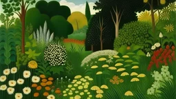 A green garden filled with flowers painted by Henri Rousseau