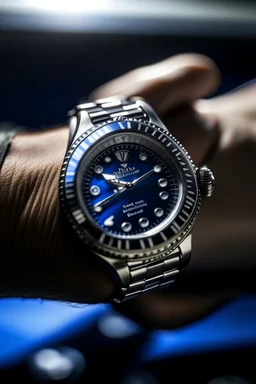 Produce an image of a Cartier Diver watch stationed at mid-journey, capturing the essence of adventure with a balance of sharp focus on the watch face and a slightly blurred background suggesting movement. "wearing a person in his hand