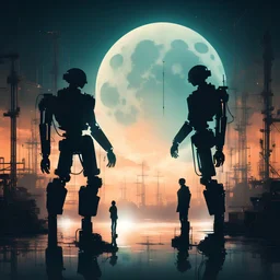 industrial background, silhouettes of two androids facing each other against a giant glowing full moon, neon glow, photolayer painterly styles, double exposure, dramatic, moody, romantic, by Pascal Campion and Petros Afshar and Jeremy Mann,