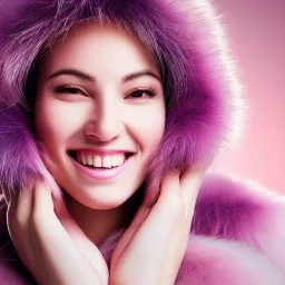 A portrait very beautiful woman ,smiling, longs hairs,elegant, atmospheric, realistic, cinematic lighting, pink blue light, 8k, galactic, fur coat