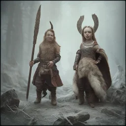 A viking boy and a girl, scary, steam punk, realistic, made in octane, cinematic, ultra-realistic, extremely detailed octane rendering, 8K, VRAY Super Real ar 2:3, dof photorealistic futuristic 50mm lens hard lighting dark gray tintype photograph, realistic lighting, sepia color