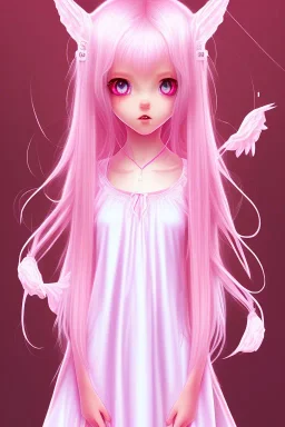 Loli wearing long nightgown, hands behind back, wholesome, innocent, long pink hair, tilted head