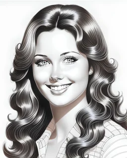 Beautiful black and white pencil drawing of actress, Lynda Carter at the age of 25. She has long dark hair, She is smiling at the viewer.