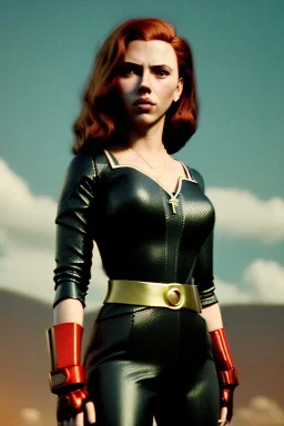 retro portrait image from 1960, sky background, wind, long red hair, fighting stance, sweet young Scarlett Johansson, black dress, classic long tight lycra black suit, gold bracelet and belt, high heel boots, superhero style, black widow, soft color, highly detailed, unreal engine 5, ray tracing, RTX, lumen lighting, ultra detail, volumetric lighting, 3d, finely drawn, high definition, high resolution.