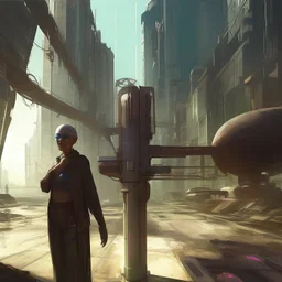 cyberpunk saggy granny woman, abandoned sci-fi town, future, sci-fi