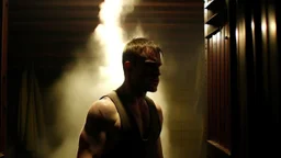 The battle reaches its climax inside the sauna, where Robert appears surrounded by smoke and steam, his face reflecting the exhaustion of the confrontation. The air is charged with tension and fear, with Robert's stare pulsating with strength and determination. Robert's face shows signs of struggle and conflict, as he appears to miraculously cross the line between life and death. It seems as if time slows down and the moment hangs on the edge of the abyss, as Robert miraculously passes between