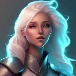 D&D character, female, cleric, platinum blonde hair, gold eyes, smile, blue armor