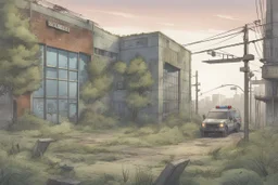 police station, overgrown, post-apocalyptic, comic book, city background