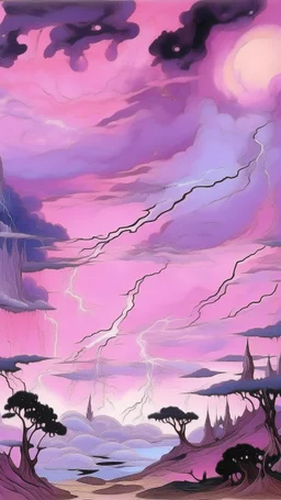 A pinkish light purple outer space with nebulous lightning designed in Javanese shadow puppets painted by Tom Thomson