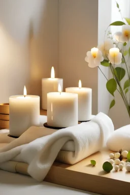 Bathtub spa, candles, white towel rolls, white flowers and bamboo