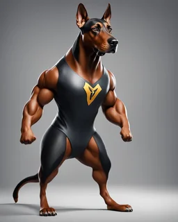 Muscular and powerful Doberman superhero, weightlifter type, with a serious and confident expression. He wears the suit inspired by Batman's. On the chest a (((stylized logo))) of a dog. Strike a heroic pose. Vibrant typography 3d rendering photo.