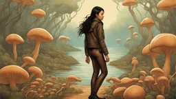 woman with black hair in a ponytail, in light brown leather trousers and jacket, walking through a forest of floating alien mushrooms with jellyfish tentacles, rampant foliage, and vines, next to a lake, photorealistic, Deep Colour, Intricate Detail