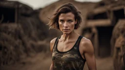 beautiful slender caucasian female technician taking cover, black tank top, well toned muscles, weathered face, scratched sand camo metal details, short brunette wavy bob haircut, dystopian, desert scene with smoke and explosions