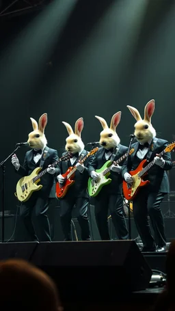 A four rabbits musicians wearing Suits playing in rock band on stage