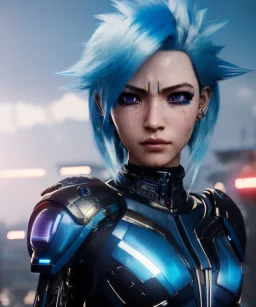 Cyborg anime warrior, light blue hair, short hairstyle, cobalt eyes, pierced ears, waist up portrait, 8k resolution, intricate details, ornate details, soft lighting, vibrant colors, retroanime, masterpiece, intricate eyeliner, dark eyeshadow, eyes, intricate tattoos, futuristic cityscape background