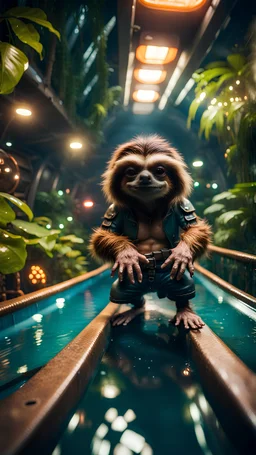 fish-eye photo of furry hairy pimp rocker alien gremlin sloth dwarf on bridge over water slide magically levitating in dark lit reflective wet jungle hall hotel tunnel, in the style of fallout 4 game,bokeh like f/0.8, tilt-shift lens 8k, high detail, smooth render, down-light, unreal engine, prize winning