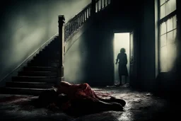 a broken, bloody, torn, beaten woman lies at the bottom of a dirty staircase. At the top of the stairs stands the silhouette of a massive man, behind him a small light leaks through an open door, dramatic, gloomy atmosphere, sad, weird, dark colors, cinematic, realistic picture