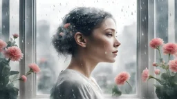 white background, Double exposure, woman, city, window, room, flowers, rain outside the window, detailed, fine rendering, high detail, high resolution, 8K,