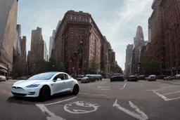A Tesla 'Model S' is parked, near the Flatiron Building in Manhattan. (CINEMATIC, WIDE ANGLE LENS, PHOTO REAL)