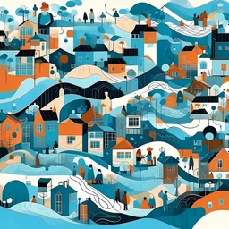 Illustrate abstract community and neighborhood in layers or waves in Theo Van Den Boogard style-showing resonance. Show people as well