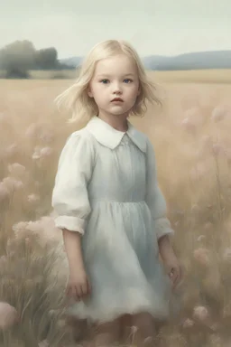 Illustration of model gemma ward as toddler, in a field,, rabbit,,style of Marcel Marlier, pastel colors