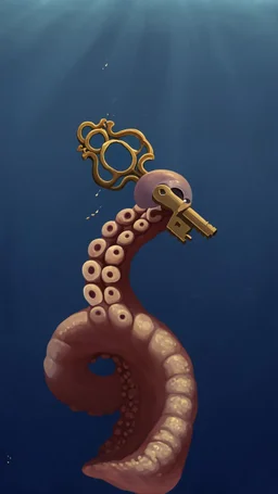 An octopus tentacle reaching out from the depths, holding an ancient key, flickering with light. It may be dark all around, but the key itself is bright and clear.