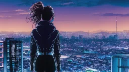 Clear Focus, High resolution, Beautiful girl standing backwards to a Cyberpunk skyline, comic style