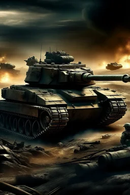 20mm color photo of a gigantic tank, on a battlefield, depicting a dark future where robotic cyborg soldiers and heavy vehicles shooting lasers wage a devistating war.