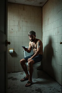 "A very old paints cracked dirty abandoned bathroom with dirty a man setting on a toilet seat aside, with iPhone in his hand,insanely detailed octane render trending on artstation, 8k artistic photography, photorealistic concept art, soft natural volumetric cinematic perfect light, chiaroscuro, award-winning photograph, masterpiece, oil on canvas, Raphael, Caravaggio, Greg Rutkowski, people, beksinski, Giger