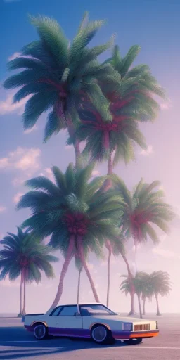 1980's aesthetic vaporwave palm trees with spheres and car