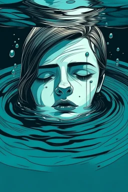 Artwork of t-shirt, Wide angle, half of face on water surface of a woman eyes are full of tears in swimming pool. Broken heart, sadness, down deep