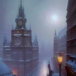 View from a snow rain rooftops of corner gothic Buildings, Central station, Piccadilly, Uphill roads, elevated trains, Gothic Metropolis , Neogothic architecture, Metropolis Fritz Lang by Jeremy mann, John atkinson Grimshaw, "Gothic architecture, London, edimburgh, Chicago Prague by Jeremy mann"