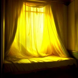 An ethereal dreamscape filled with dark golden mist, soft dark yellow light floating through translucent curtains, a peaceful intimate space, abstract shapes of a bed and window barely visible, surreal atmosphere, inspired by quiet romantic dreams, floating fabric, silence and warmth, painterly style, oriental
