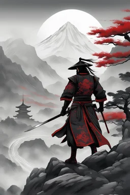 raiden shogun , ink style japan artwork, mit vielen details,8k, dunkle licht stimmung, mountainious backround, red detail