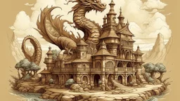 A brown palace with a stone dragon in Surrealism art style
