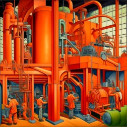 An orange colored mechanical factory with magnets painted by Diego Rivera
