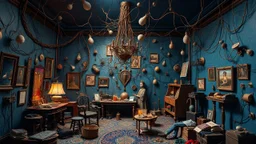 a room, interconnections, cornucopia, blue atmosphere, chaotic composition, interconnected human life forms